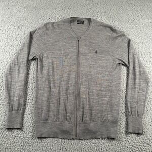 All Saints Sweater Full Zip Merino Wool Mens Large Grey Knit Rams Skull Flaw